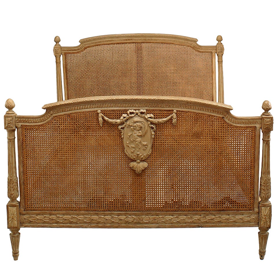 French Louis XVI Style Cane and Stripped Wood Full Sized Bed