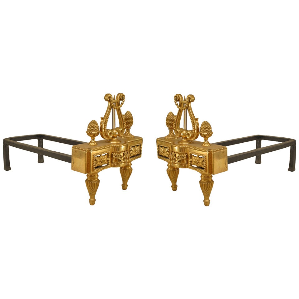 Pair of Louis XVI Style Gilt Bronze Andirons For Sale