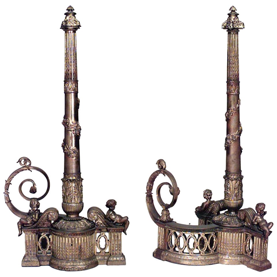 Pair of Louis XVI Bronze Dore Andirons