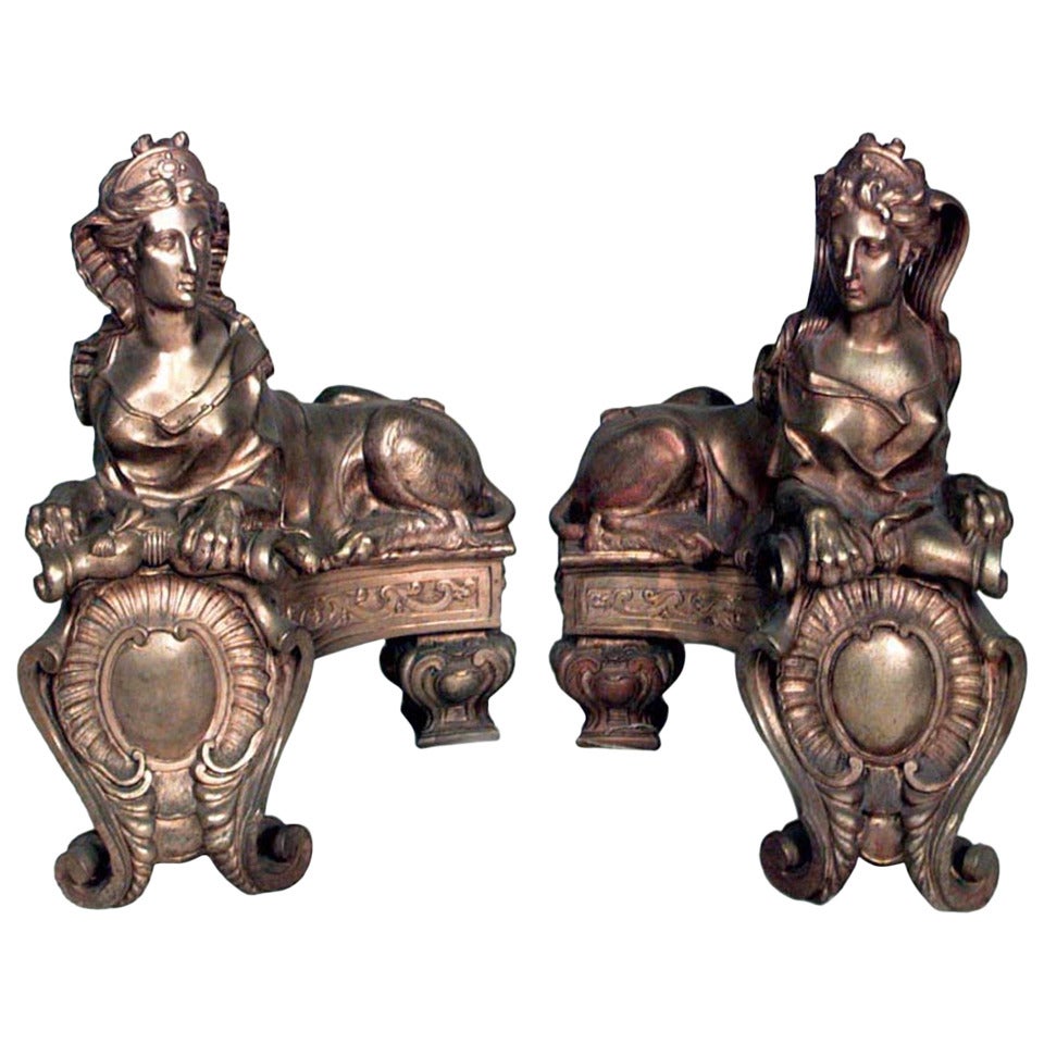 Pair of 19th c. Bronze Dore Sphinx Andirons For Sale