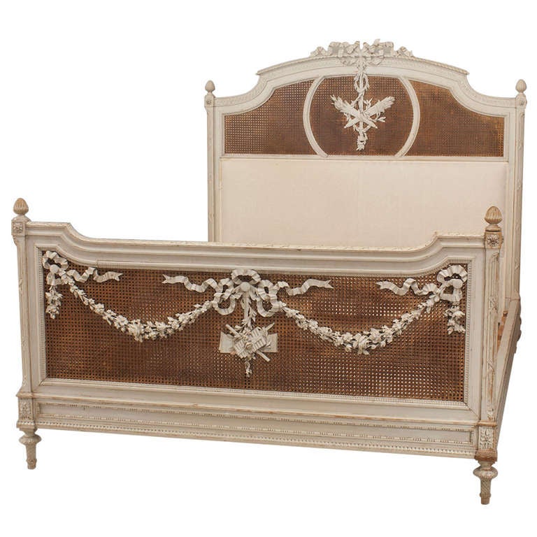 French Louis XVI Style Carved Queen Sized Bed with Caning at 1stdibs