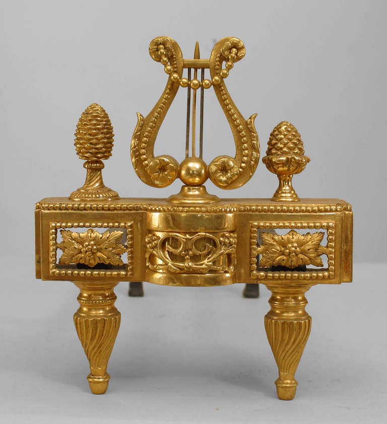 French Pair of Louis XVI Style Gilt Bronze Andirons For Sale