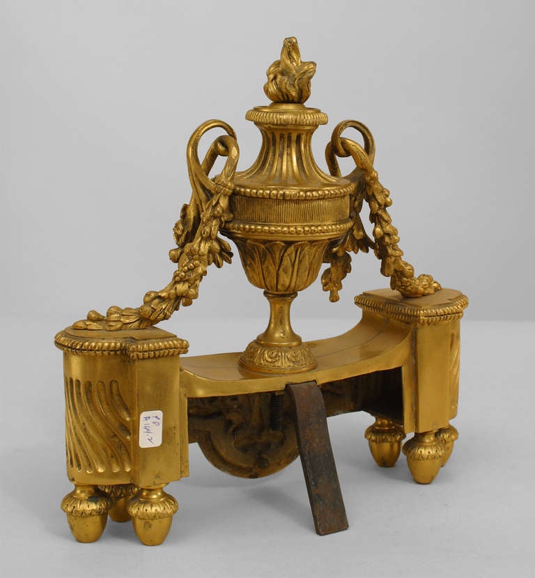 19th Century Pair of French Louis XVI Style Bronze Urn Andirons For Sale