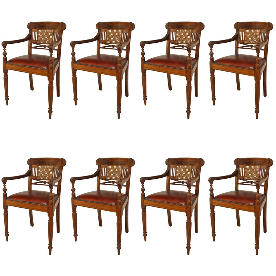 Set of 8 English Anglo Indian Leather Arm Chairs
