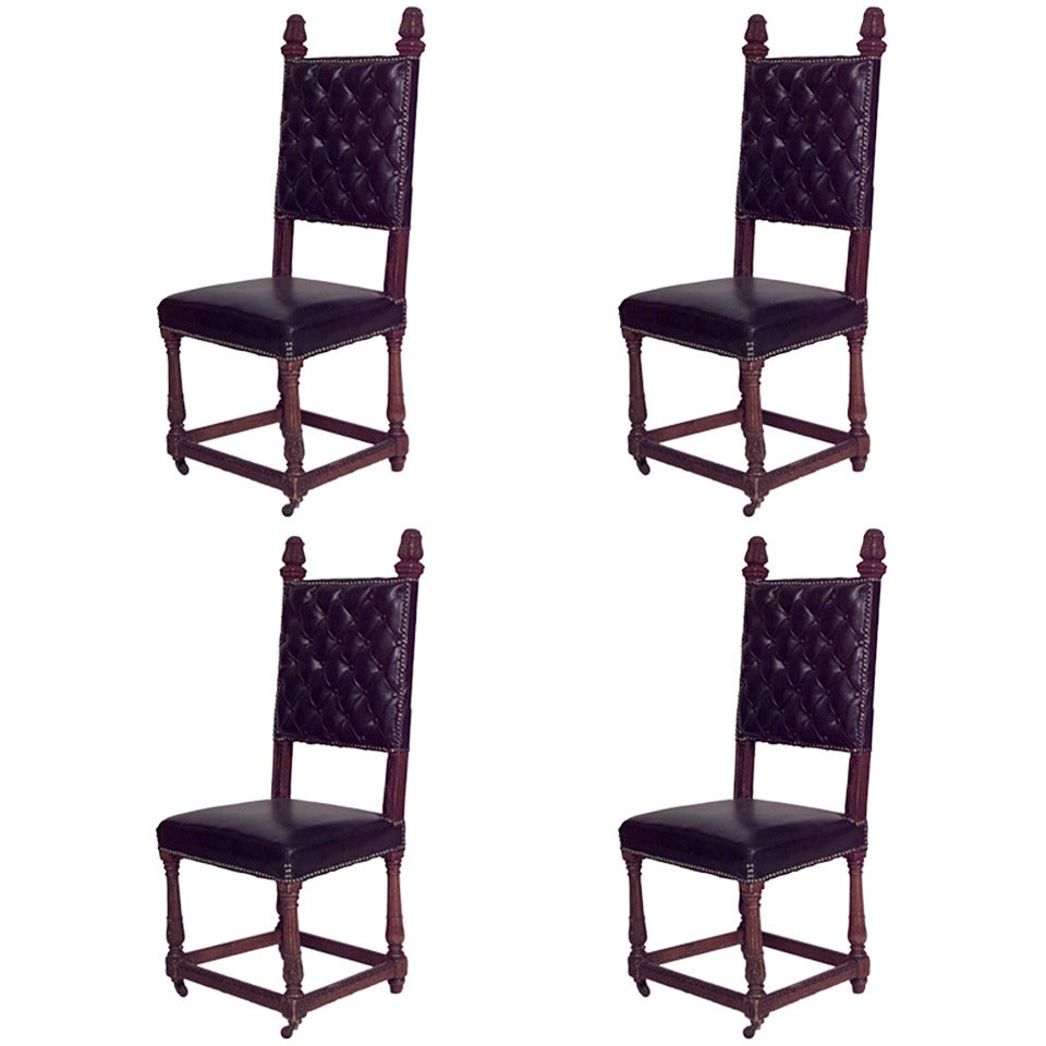 Set of 4 Italian Renaissance Black Leather Side Chairs For Sale