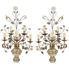 Pair of French 1940s Gilt Metal and Glass Sconces Attributed to Bagues