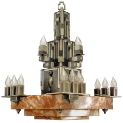 French Art Deco Steel and Marble Chandelier