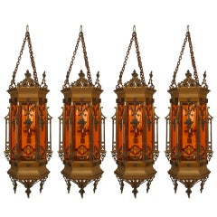 4 English Gothic Revival Bronze Hanging Lanterns