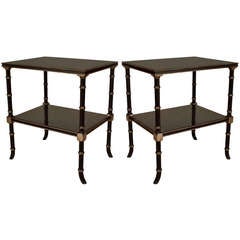 2 Silver Painted Faux Bamboo Black Lacquer End Tables
