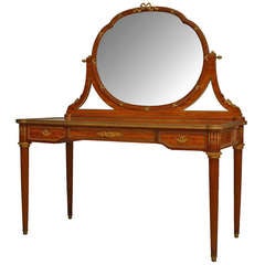 Antique Louis XVI Style Bronze-Trimmed Mirrored Satinwood Dressing Table