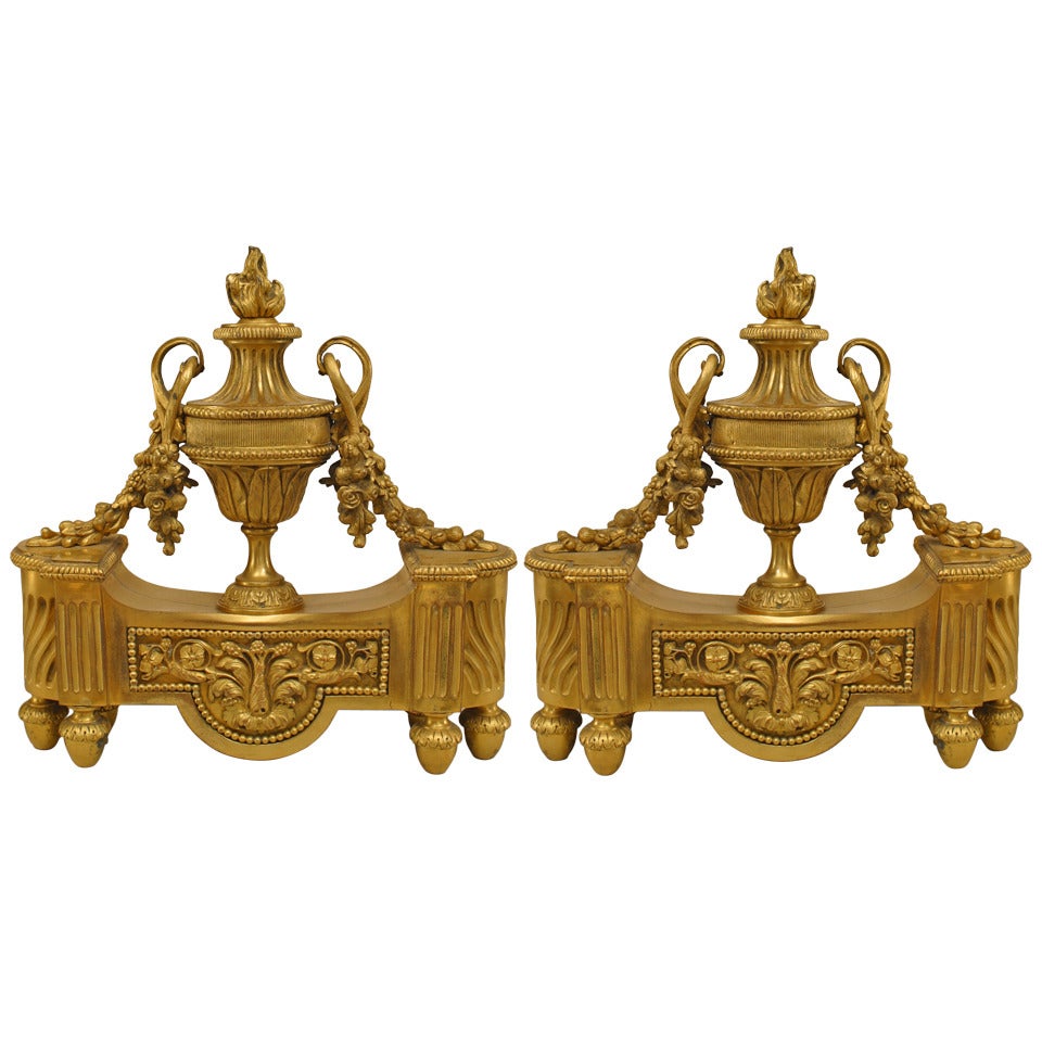 Pair of French Louis XVI Style Bronze Urn Andirons For Sale