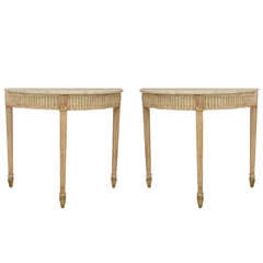 Pair of Gustavian White Painted Marble Top Demilune Consoles 8