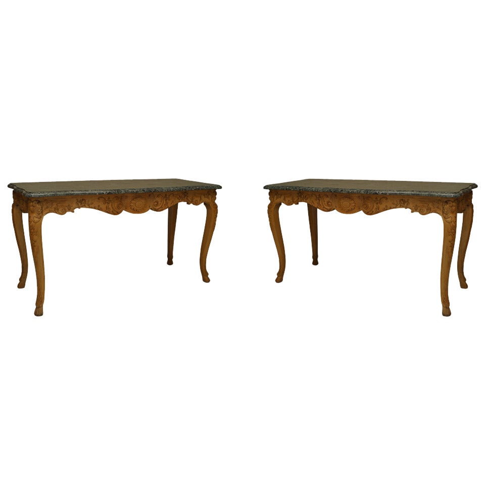 Pair of French Provincial Louis XV Oak Green Marble Console Tables