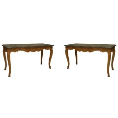 Pair of French Provincial Louis XV Oak Green Marble Console Tables