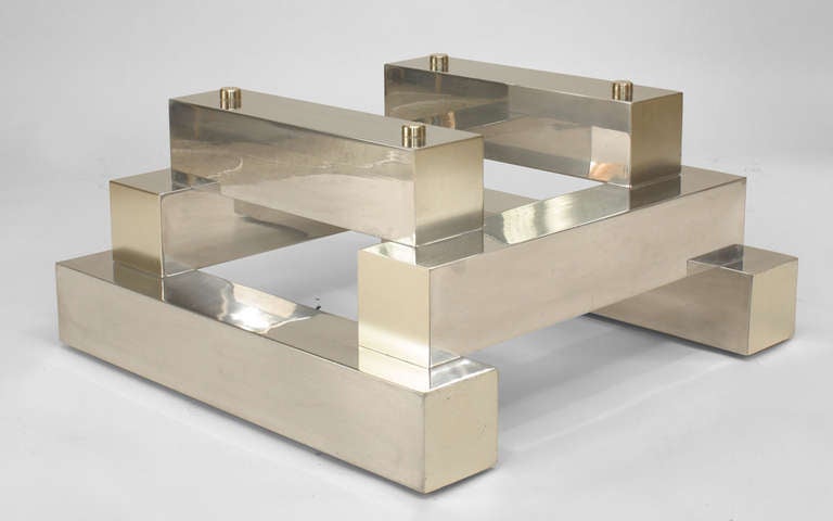 Glass American Modern Aluminum and Brass Coffee Table in Paul Evans' Manner Cityscape For Sale