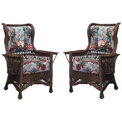 Antique Pair of Early 20th c. American Mission Wicker Wing Chairs