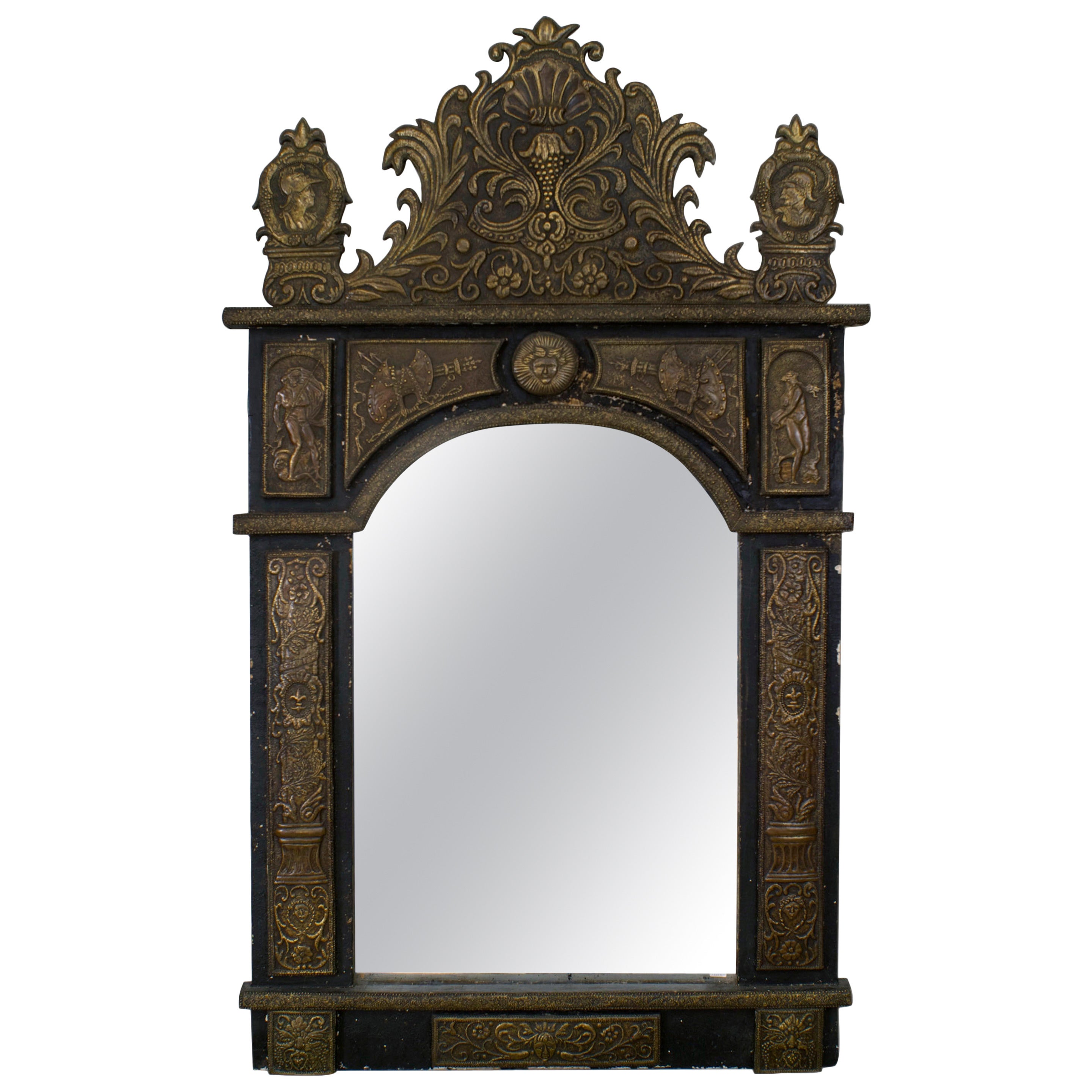 French Renaissance Style Brass Embossed Pediment Top Wall Mirror For Sale