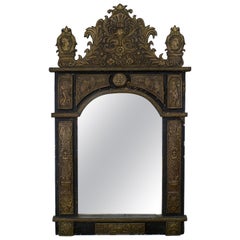 Antique French Renaissance Style Brass Embossed Pediment Top Wall Mirror