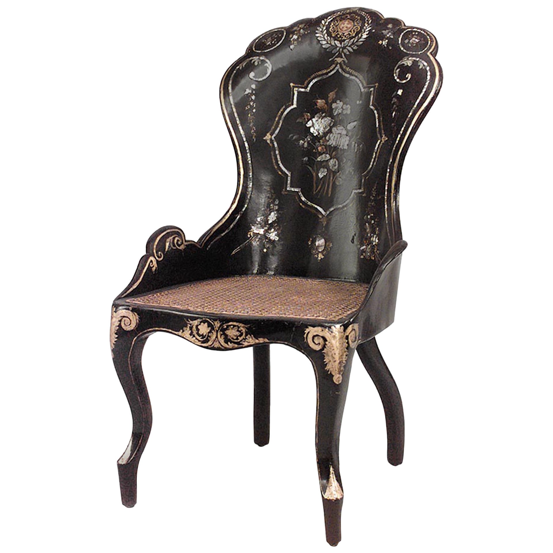 19th c. English Papier Mache Pearl-Inlaid Lacquered Side Chair