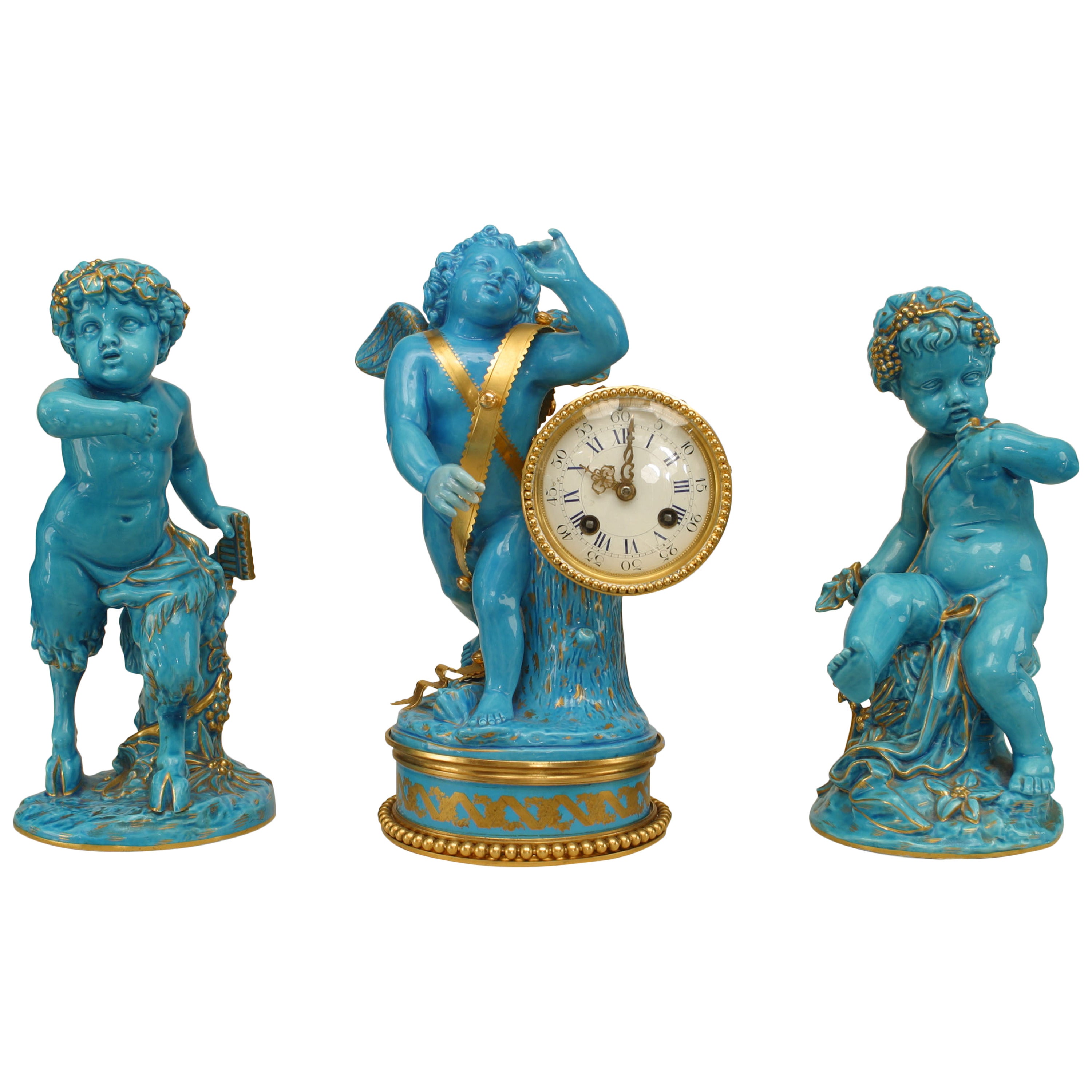19th Century French Sèvres Three-Piece Figural Cherub Clock Set