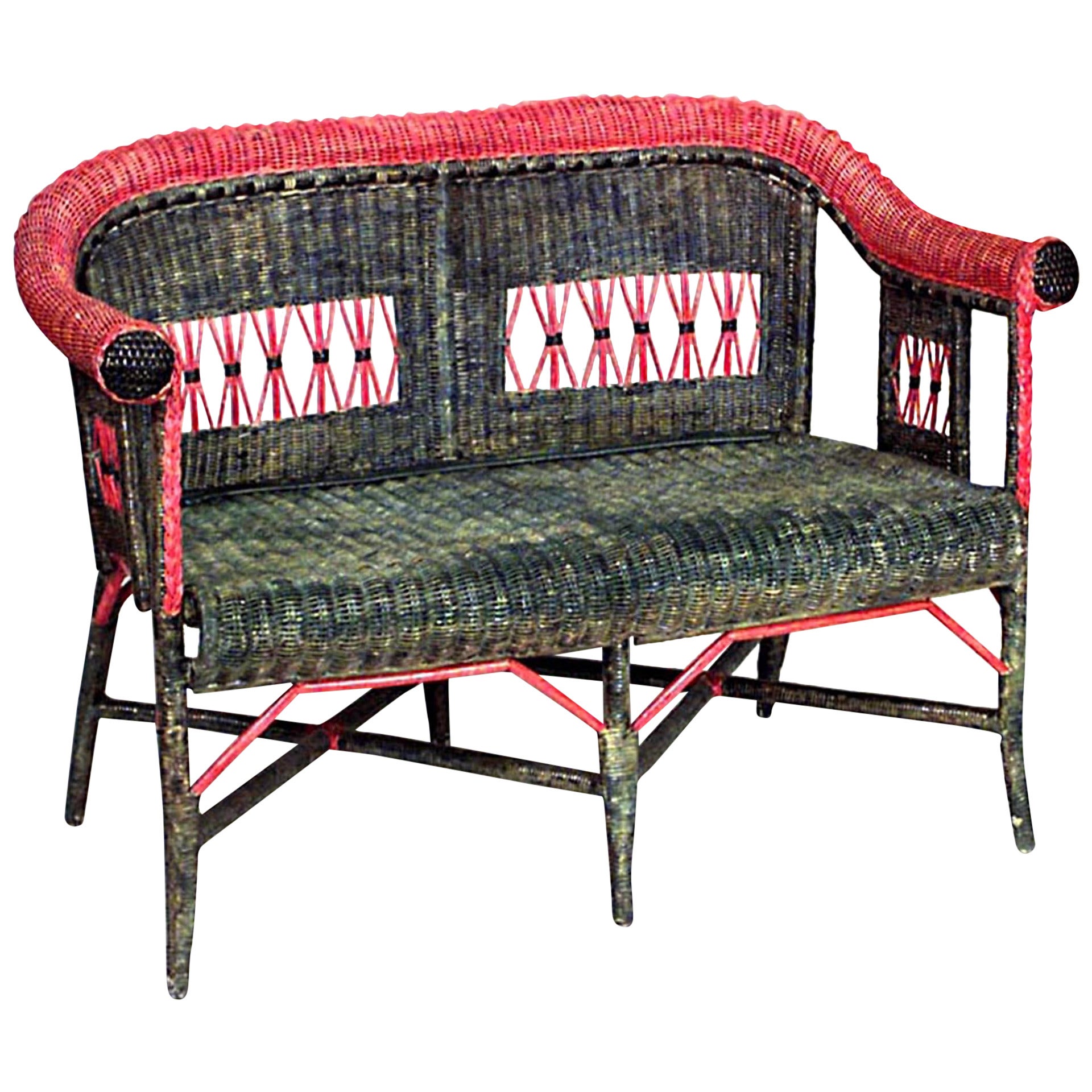 French Victorian Green and Red Wicker Loveseat