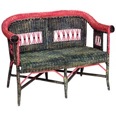 Antique French Victorian Green and Red Wicker Loveseat