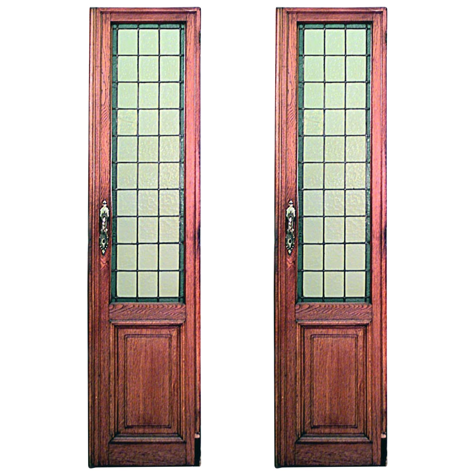 Pair of American Mission Oak Framed Doors with Tinted Leaded Glass Panels