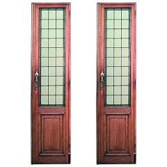 Antique Pair of American Mission Oak Framed Doors with Tinted Leaded Glass Panels