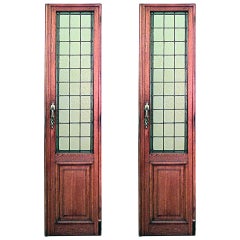 Pair of American Mission Oak Framed Doors with Tinted Leaded Glass Panels