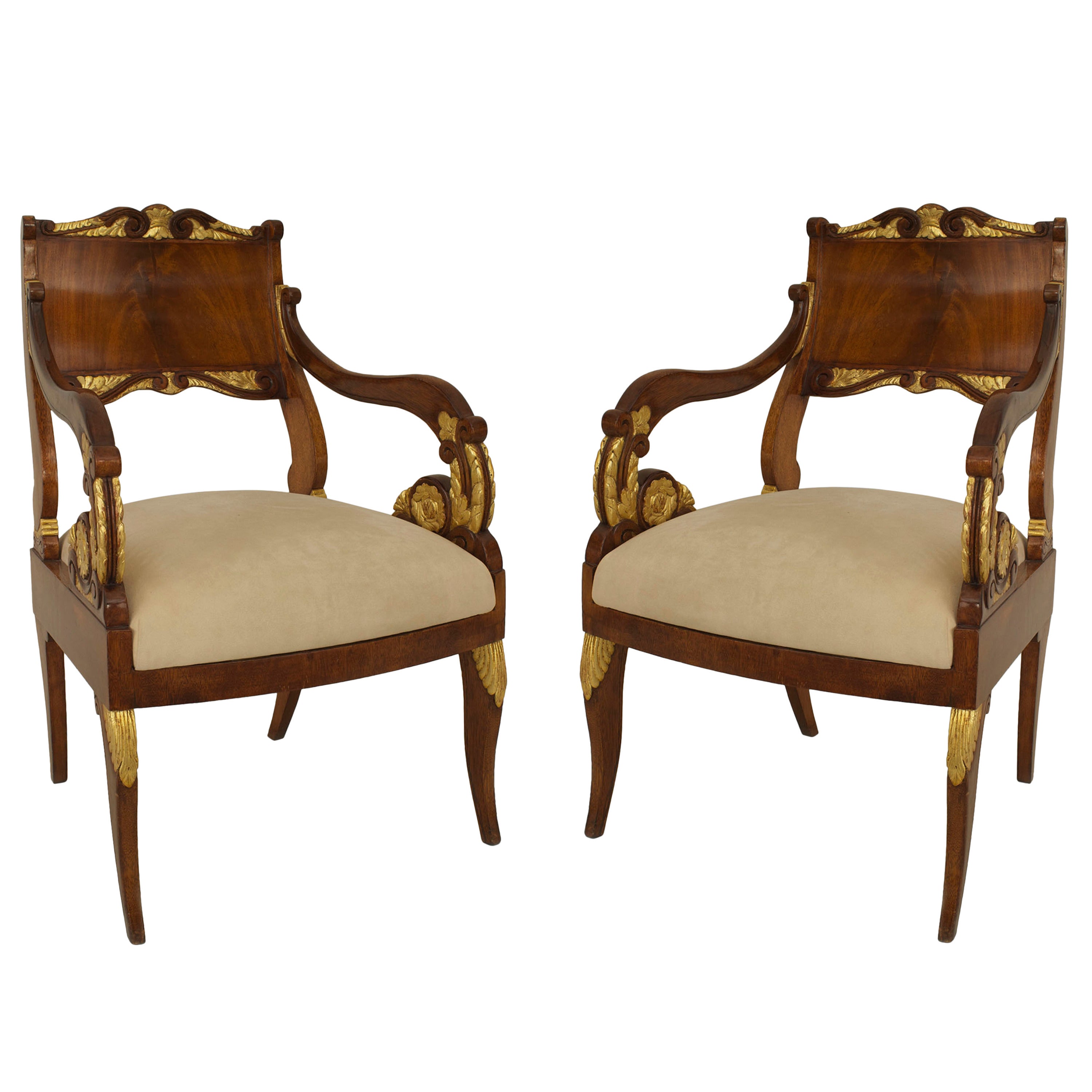 Pair of Russian Mahogany Scroll Armchairs For Sale