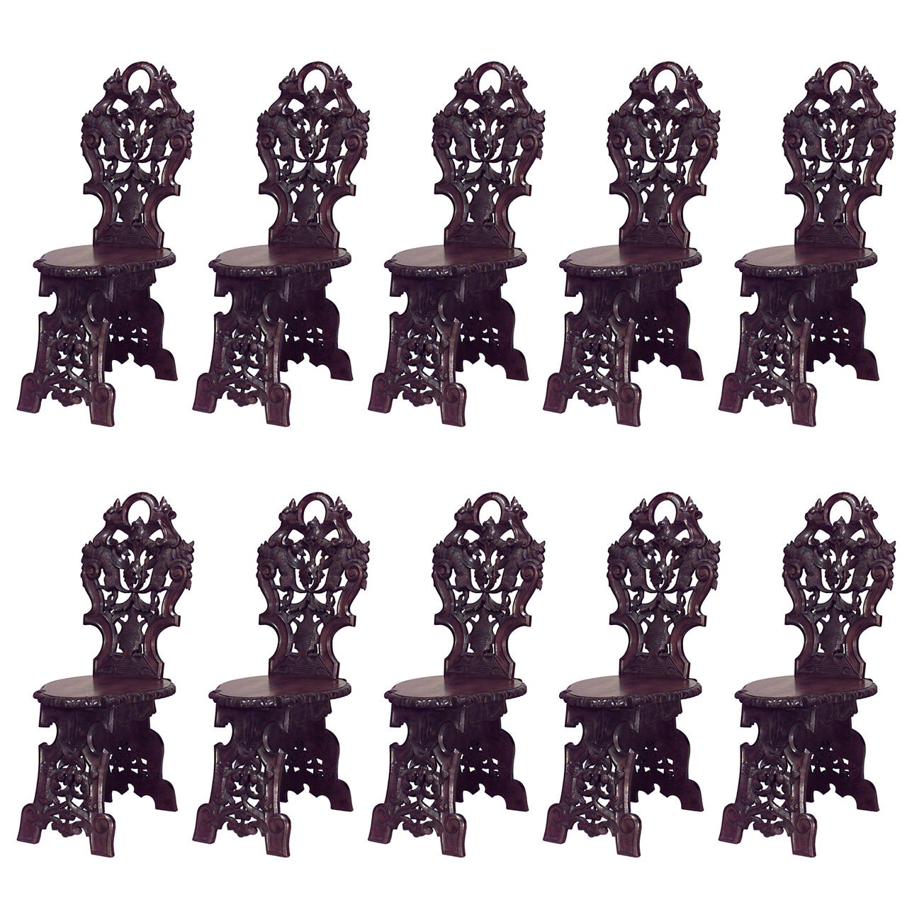 Set of 10 19th c. Rustic Black Forest Walnut Side Chairs with Carved