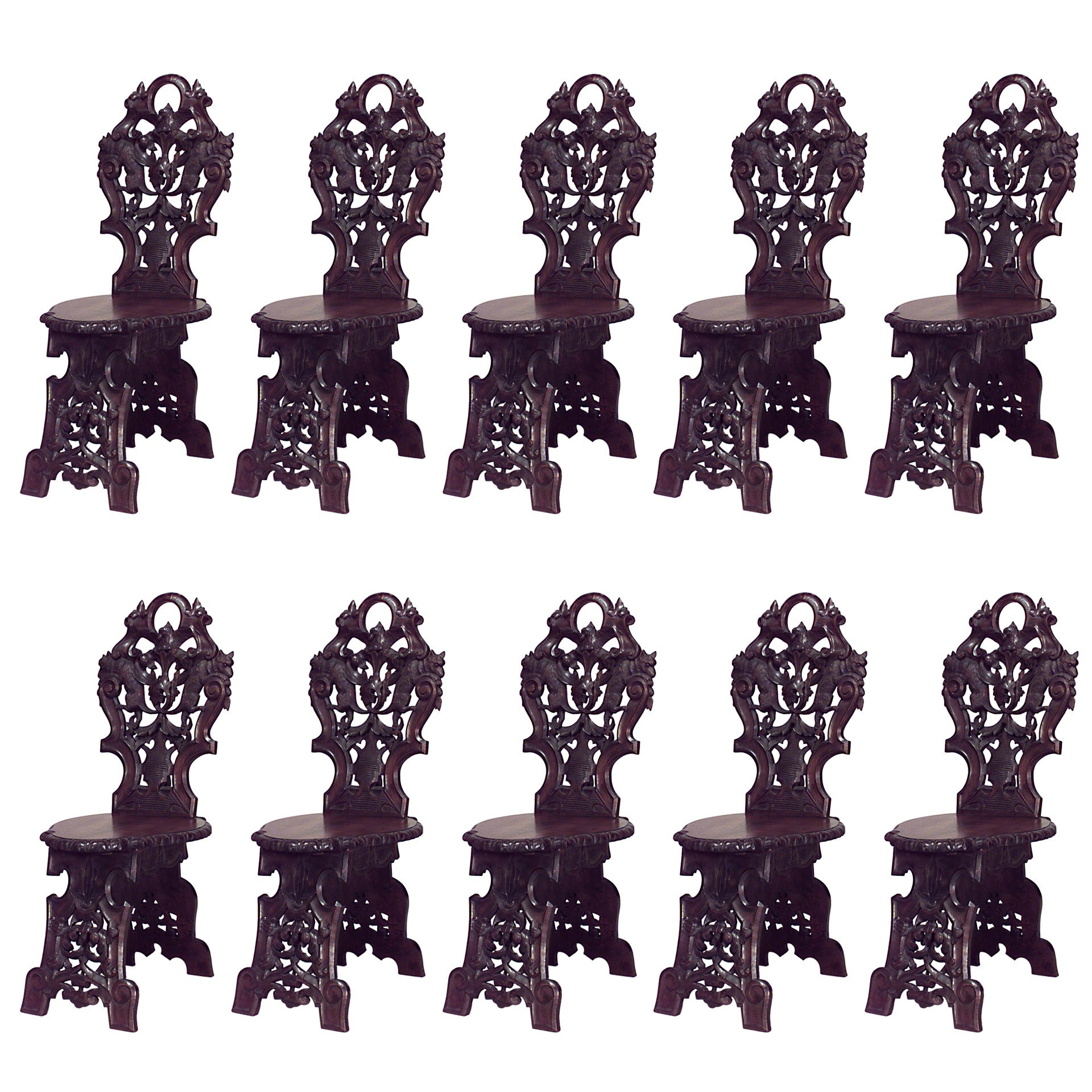 Set of 10 Rustic Black Forest Walnut Side Chairs For Sale