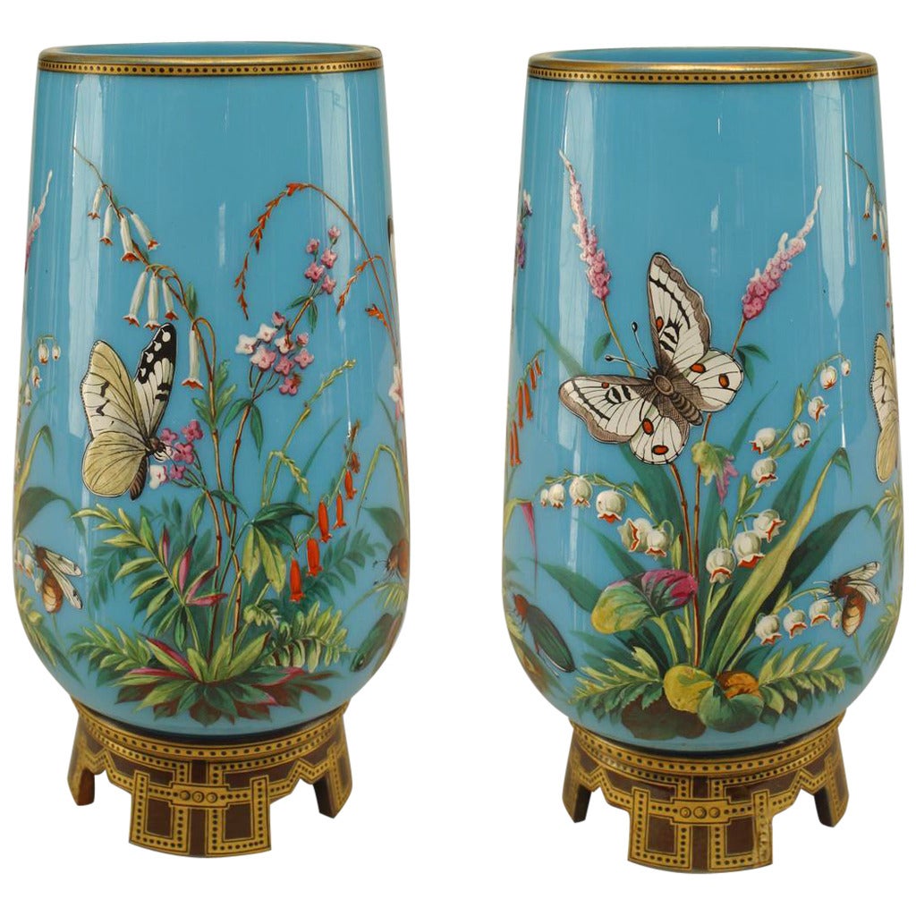 Pair of 19th Century French Mounted Blue Opaline Vases with Butterflies