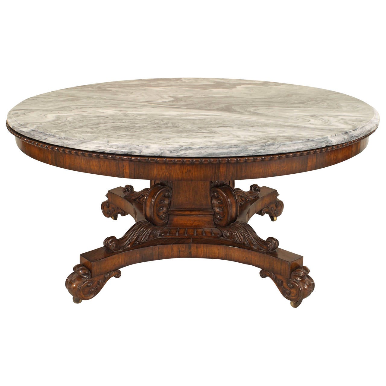 English Victorian Round Mahogany Center Table with Marble Top For Sale