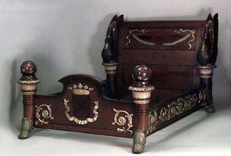 French Empire-style mahogany and bronze and gilt trimmed queen size bed with swan design (includes: headboard, footboard, rails). (19th Century reproduction of Josephine Bonaparte's swan bed at Ch√¢teau de la Malmaison).
