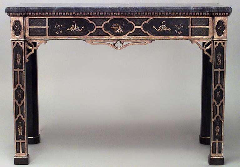 Pair of 20th c. English Regency Gilt Trimmed Chinoiserie Consoles In Excellent Condition In New York, NY