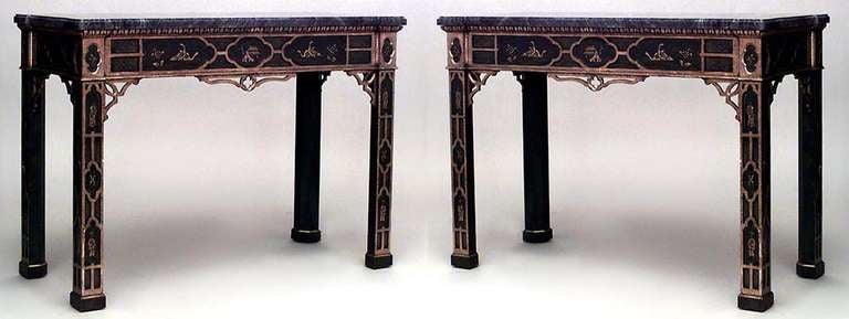 Pair of twentieth century English Regency style green lacquered and gilt lattice trimmed console tables with scenic and figural Chinoiserie decorations.