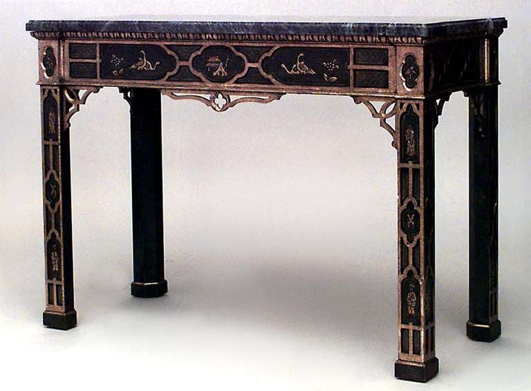 Pair of 20th c. English Regency Gilt Trimmed Chinoiserie Consoles 1
