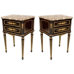 Pair of Louis XVI Style Marble Top Ebonized Nightstands, by Maison Jansen