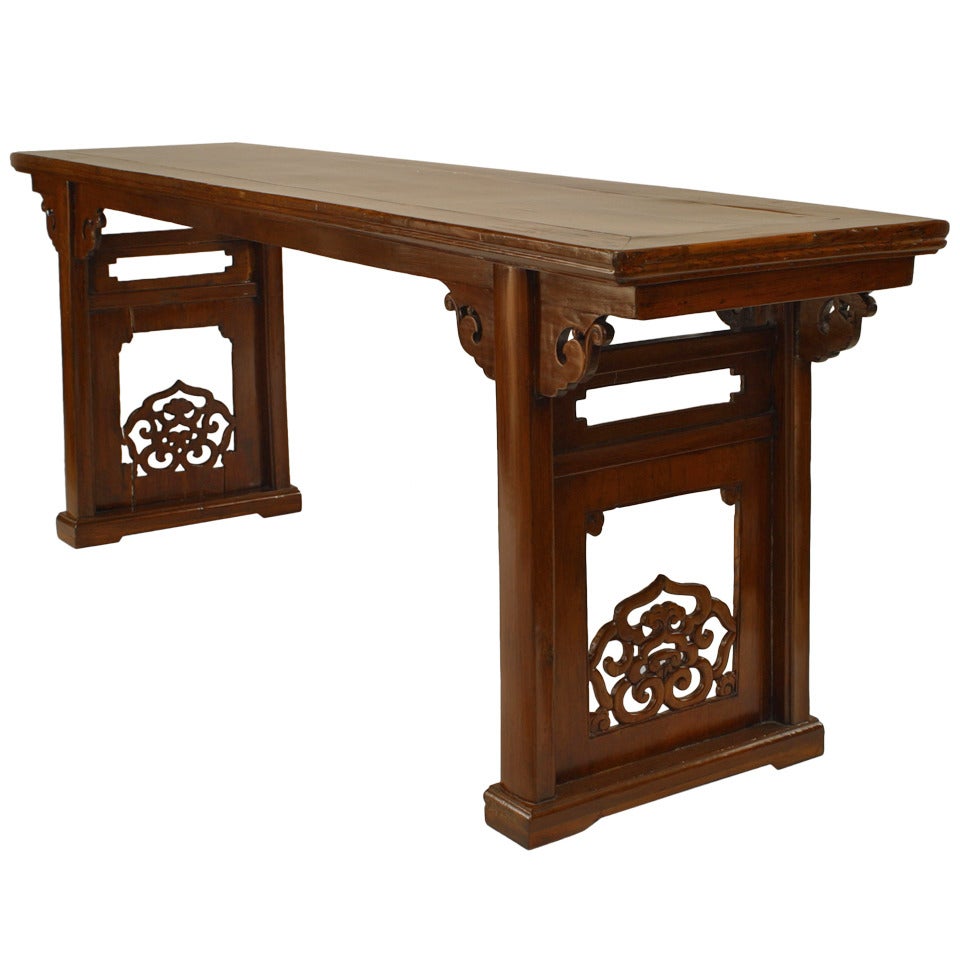 Chinese Elmwood Filigree Console Table For Sale