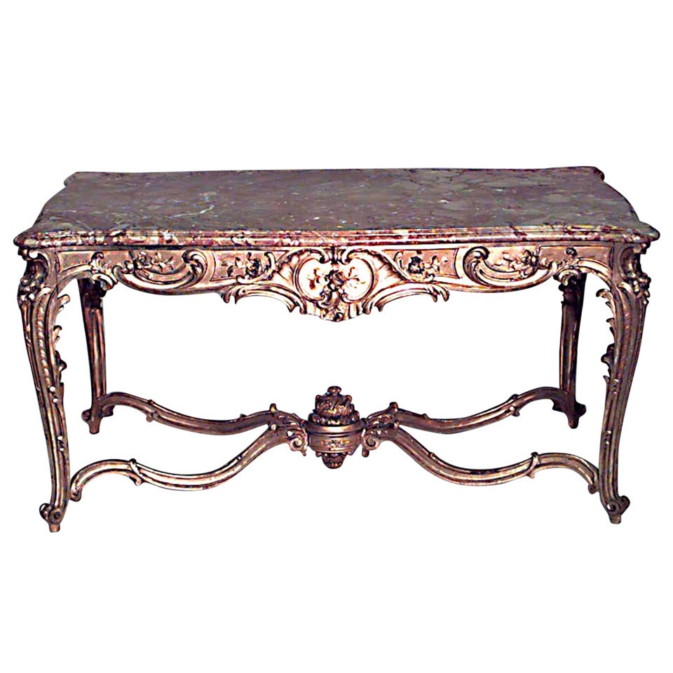Table centrale dorée de style Régence française avec plateau en marbre