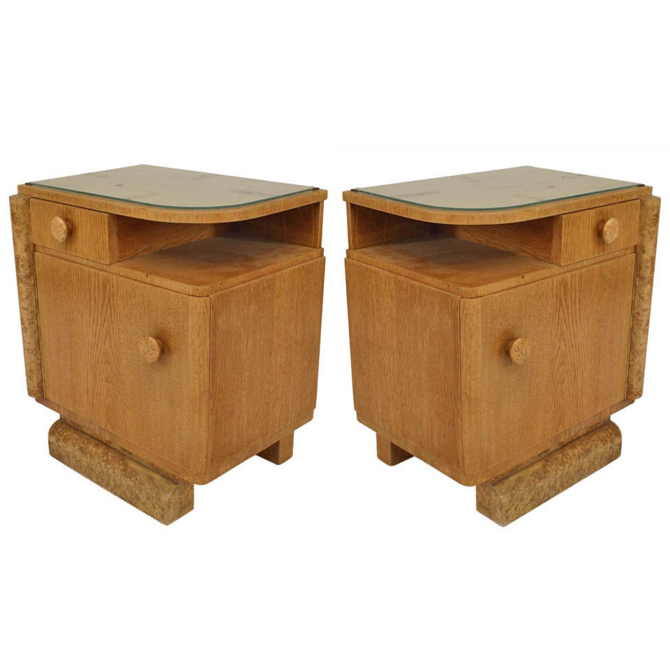 Pair of French Art Deco Oak and Burl Wood Bedside Commodes