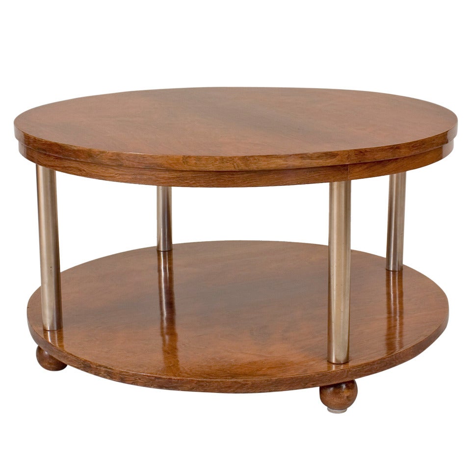 French Art Deco Round Rosewood and Chrome Coffee Table