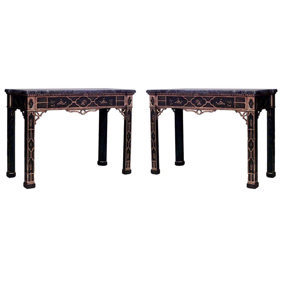 Pair of 20th c. English Regency Gilt Trimmed Chinoiserie Consoles