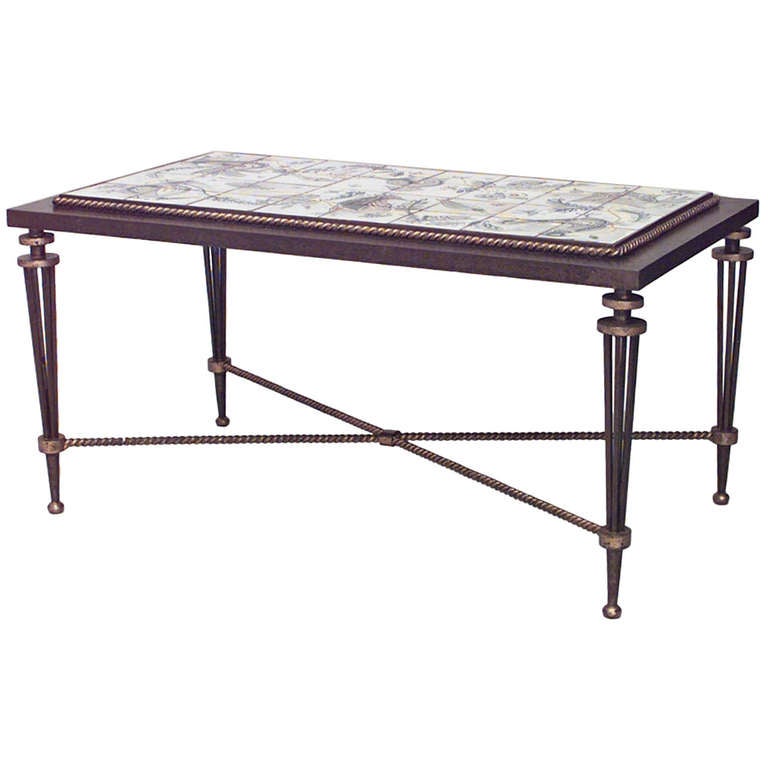 French Wrought Iron and Tile Coffee Table, Attributed to Poillerat For