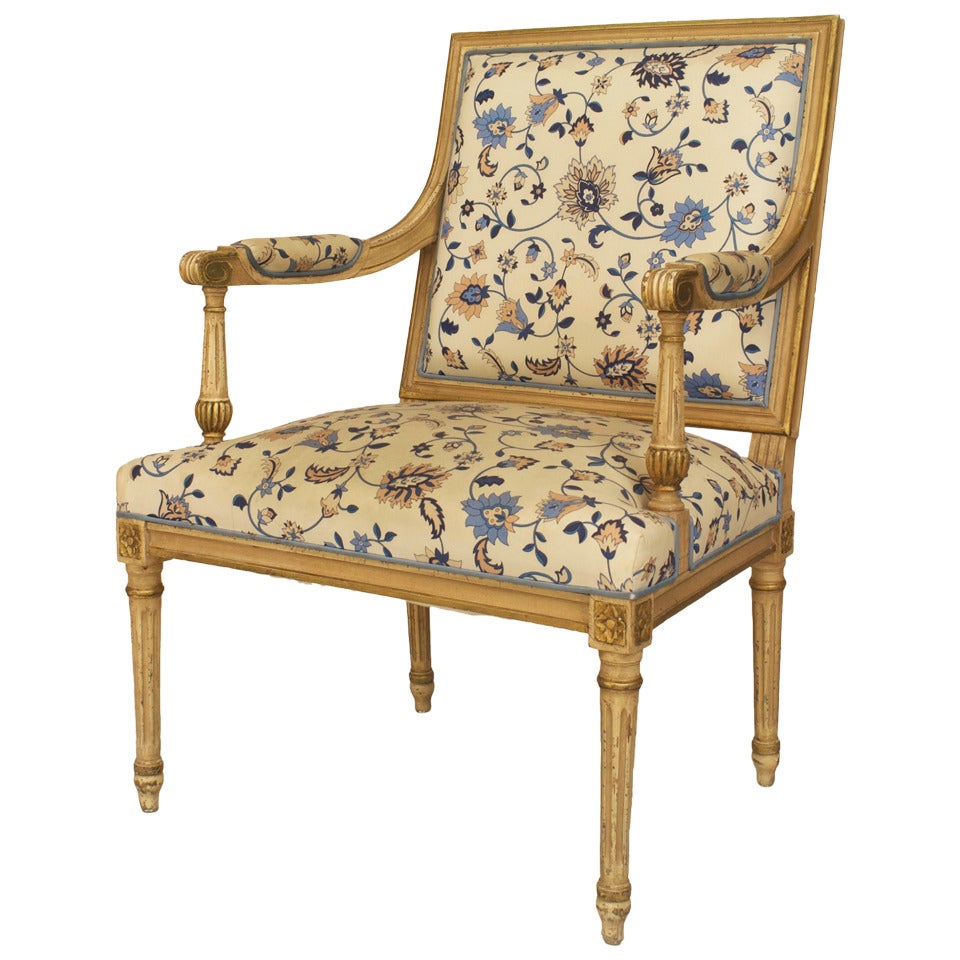 20th c. Louis XVI Style Gilt-Trimmed Open Armchair