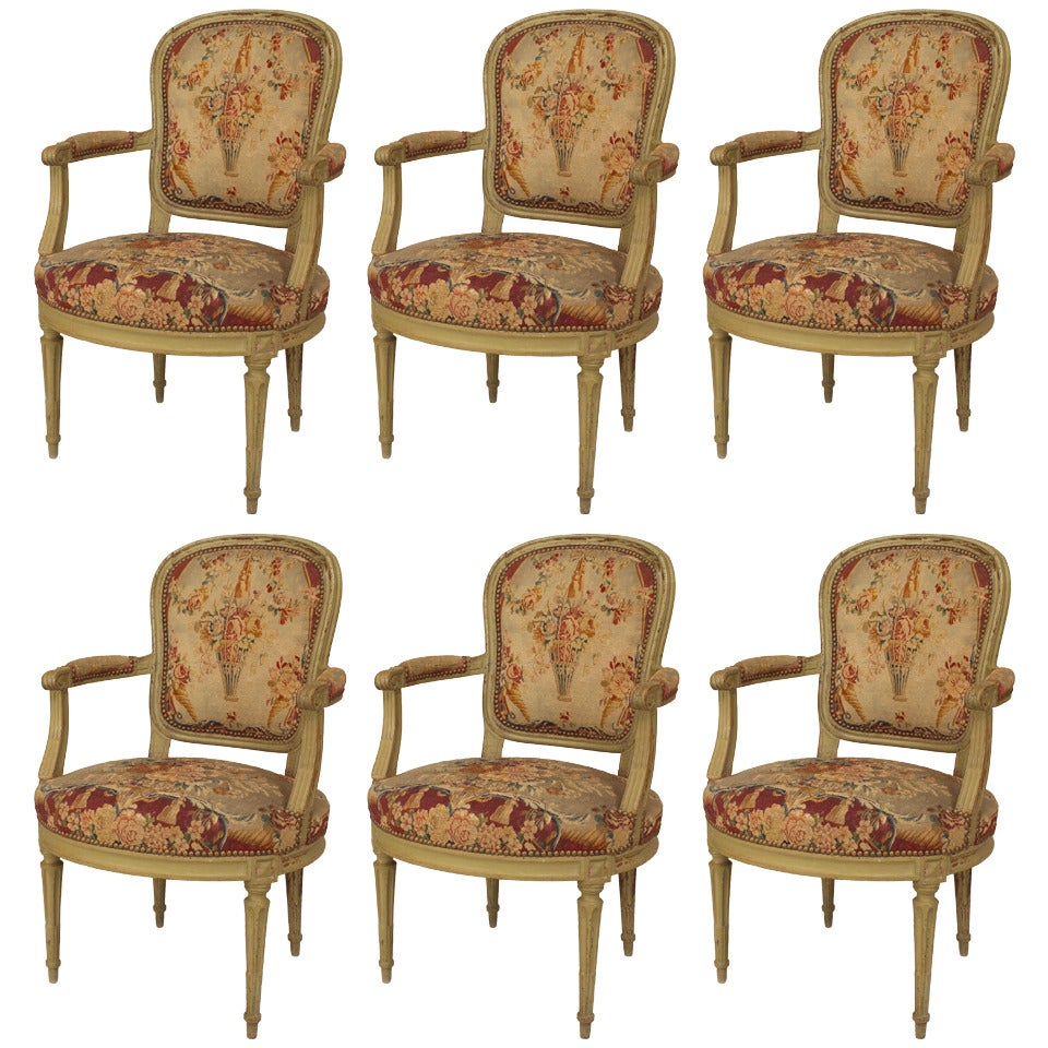 Set of 6 Louis XVI Floral Tapestry Arm Chairs