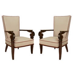 Pair of French Art Deco Mahogany Open Armchairs
