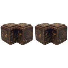 Pair of  Asian Black-Lacquered Stacked Cubic Tables
