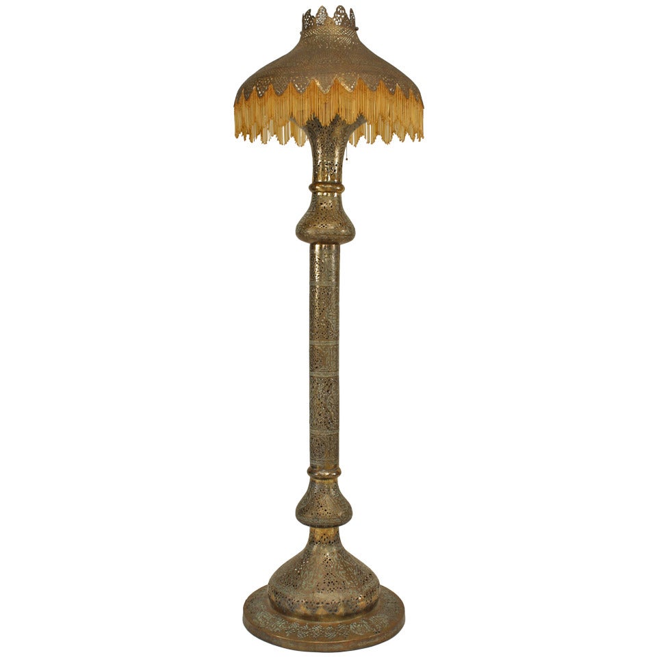 Moorish Style Brass Filigree Beaded Floor Lamp For Sale